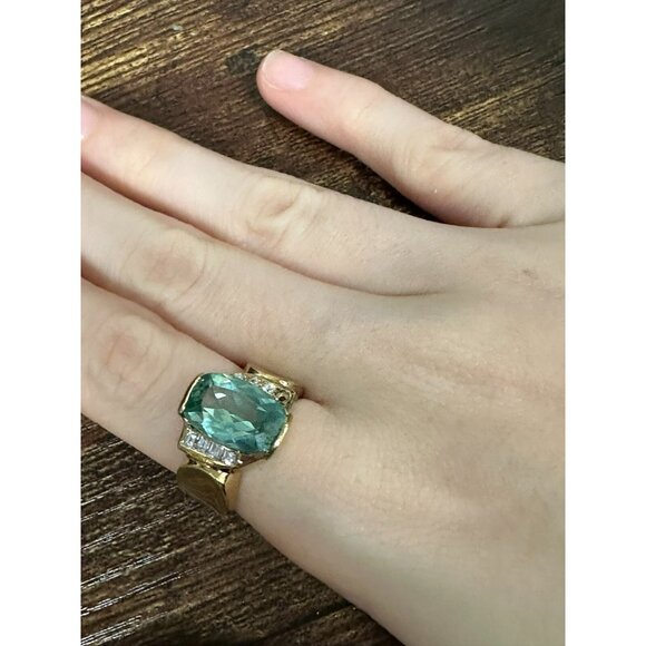 Designer Sterling Silver w/ Gold Overlay, Blue & Clear Rhinestones 7.25 Ring 114 - Picture 6 of 6